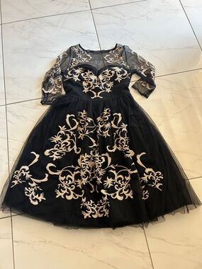 Chi Chi London Black Midi Tulle Dress with Cream Embroidered Detail